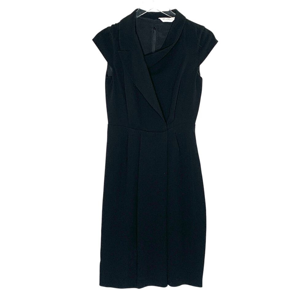 Max Mara M Womens Classic Black Sheath Dress Crepe Faux Wrap Cap Sleeves *flaw